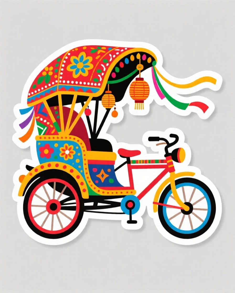 A colorful and lively Indian rickshaw decorated with colorful patterns, captured during a festive celebration, during a memorable journey abroad.