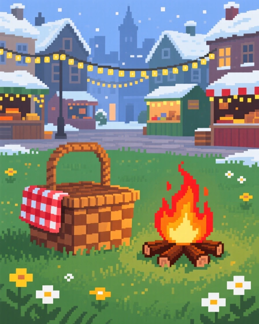A picnic basket in a summer meadow glowing beside a crackling bonfire, in a town square during a winter market.