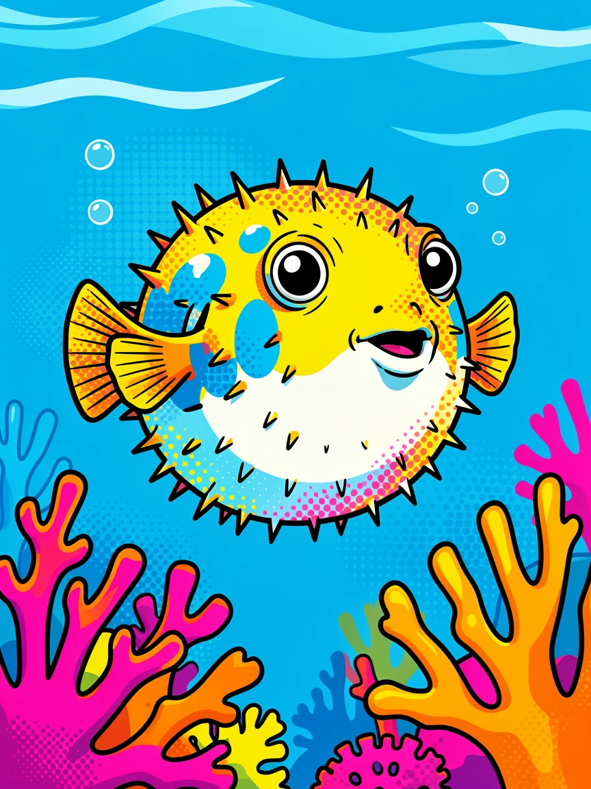 A puffer fish floating curiously near a coral reef