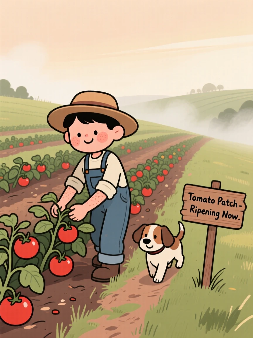 A young farmer tends rows of ripening tomatoes on a hillside field as a lazy farm dog wander nearby and the morning mist begins to lift.