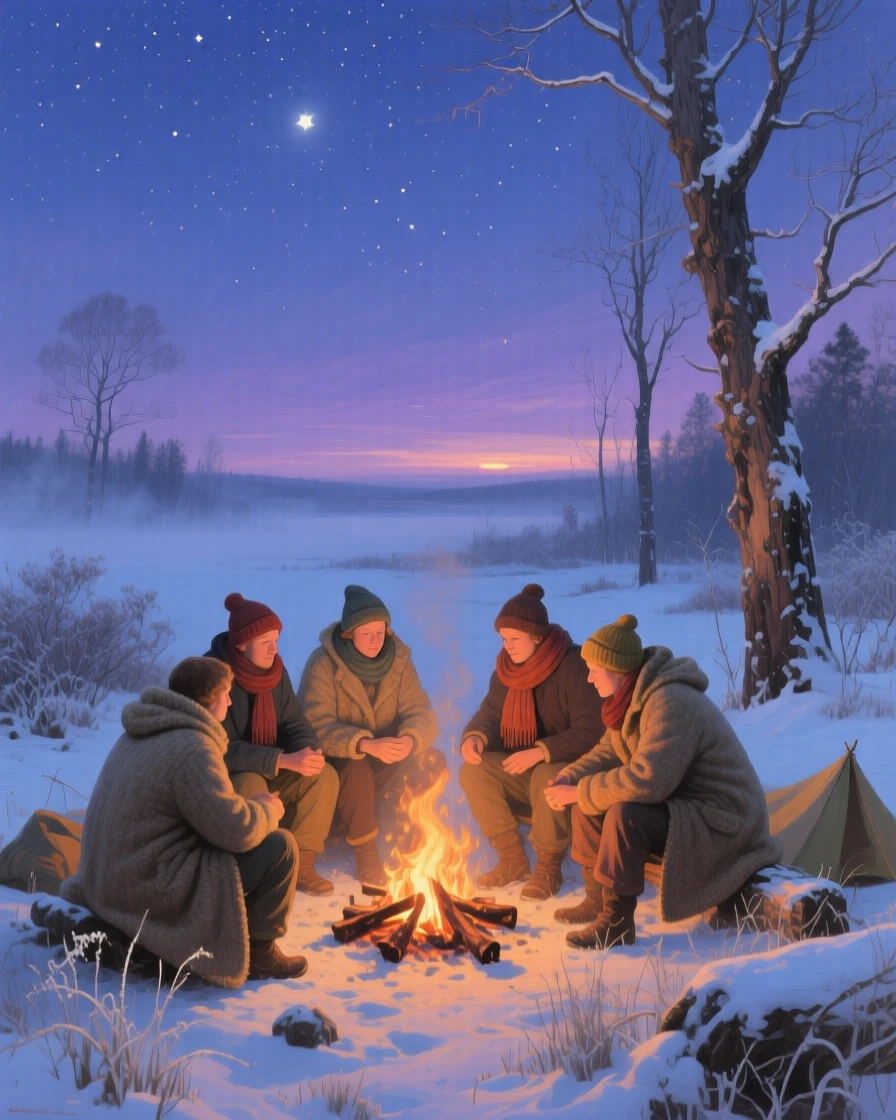 A centered composition of a group of campers gathered around a fire beneath a starlit sky, at dawn, in the quiet stillness of midwinter.