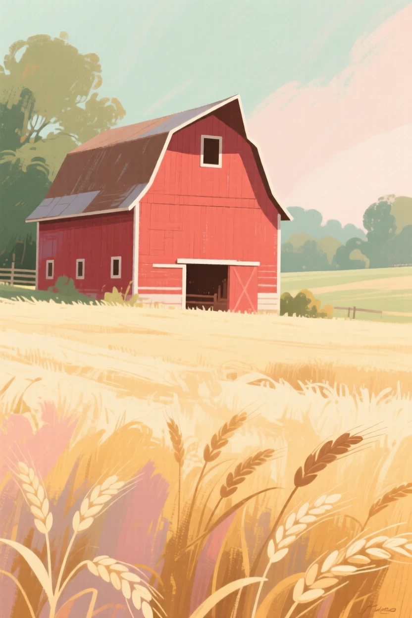 A red barn standing at the edge of a golden wheat field