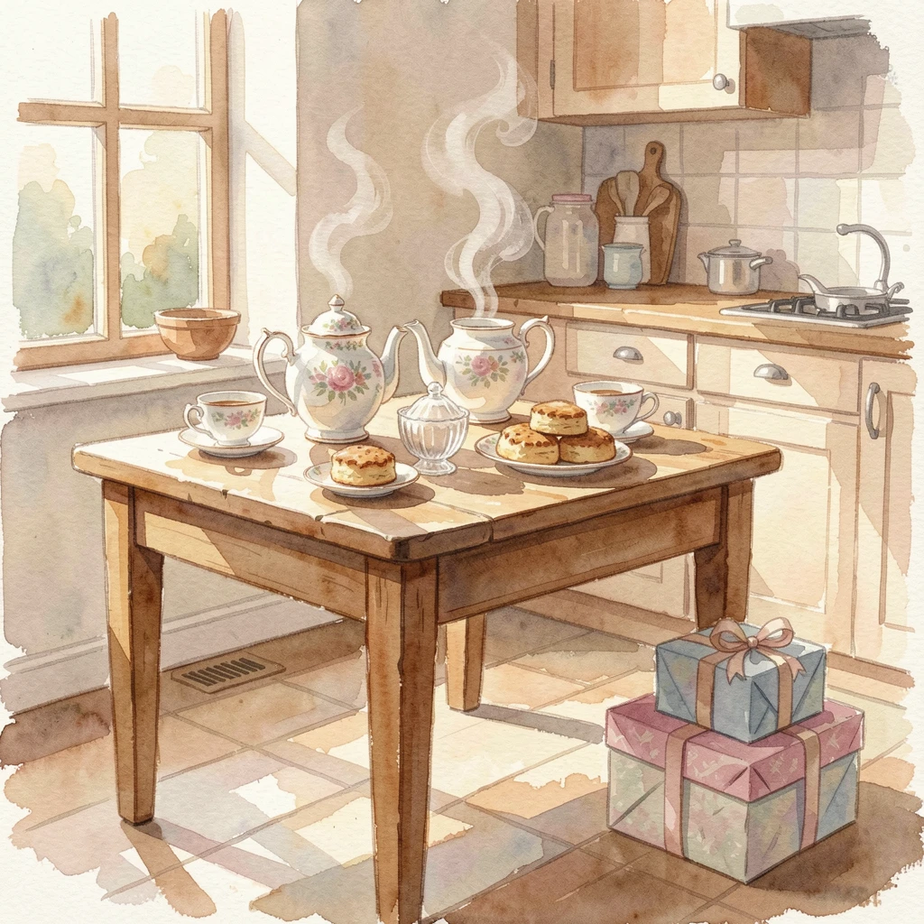 A kitchen table set for afternoon tea with a stack of wrapped gifts nearby.