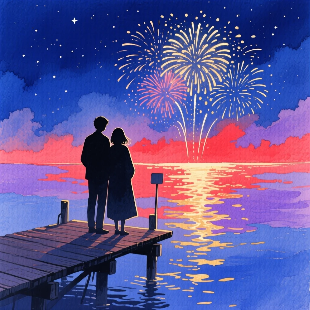 Two silhouettes stand close together on a pier watching fireworks bloom over the water at night