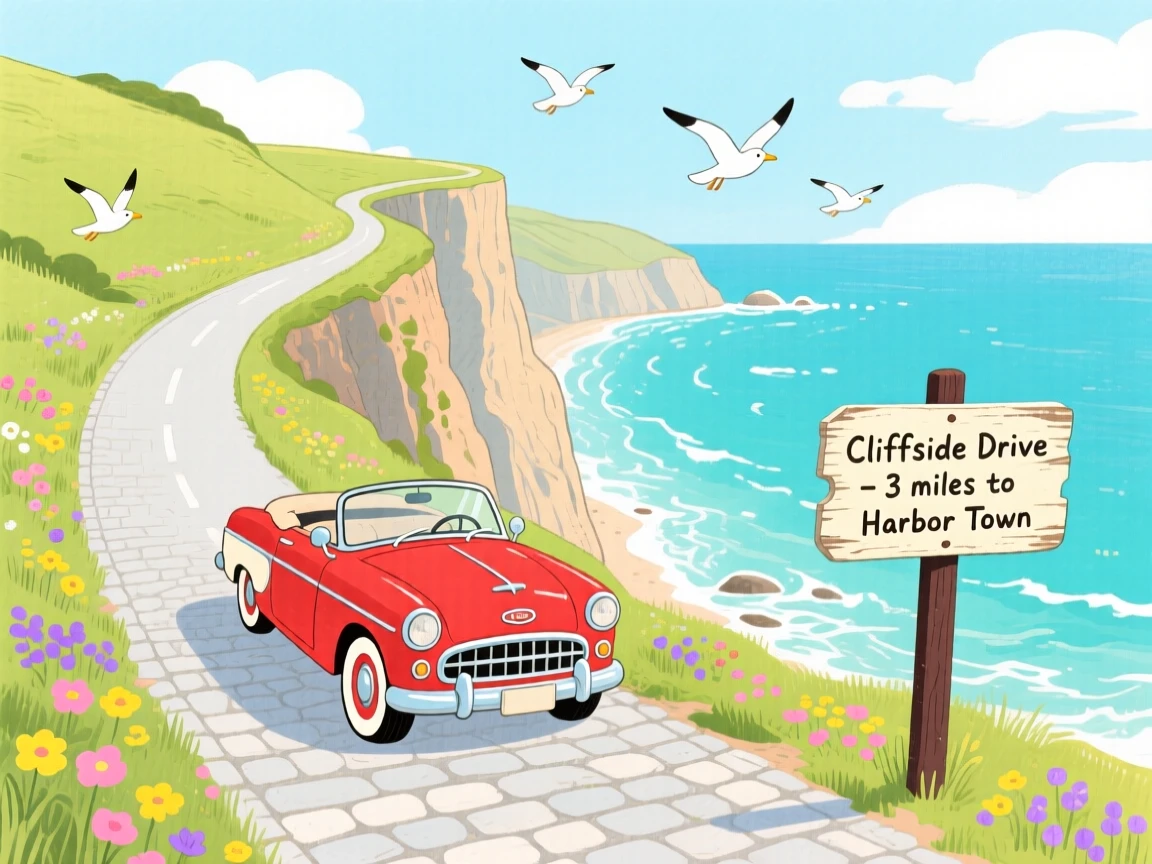 A charming scene of a vintage car winding along a coastal cliff road.