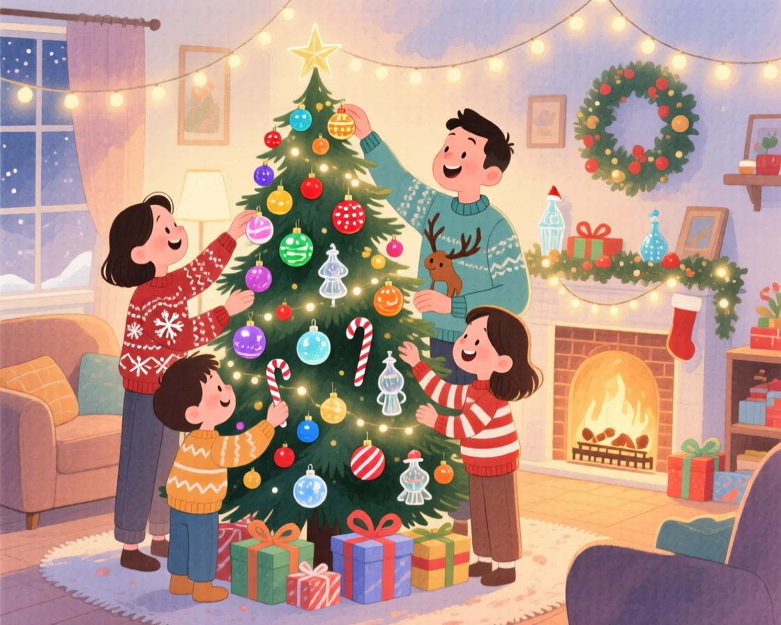 A family decorating a Christmas tree together, in a living room glowing with string lights and ornaments, with everyone dressed in their coziest sweaters, evoking joy and togetherness of the holiday season.