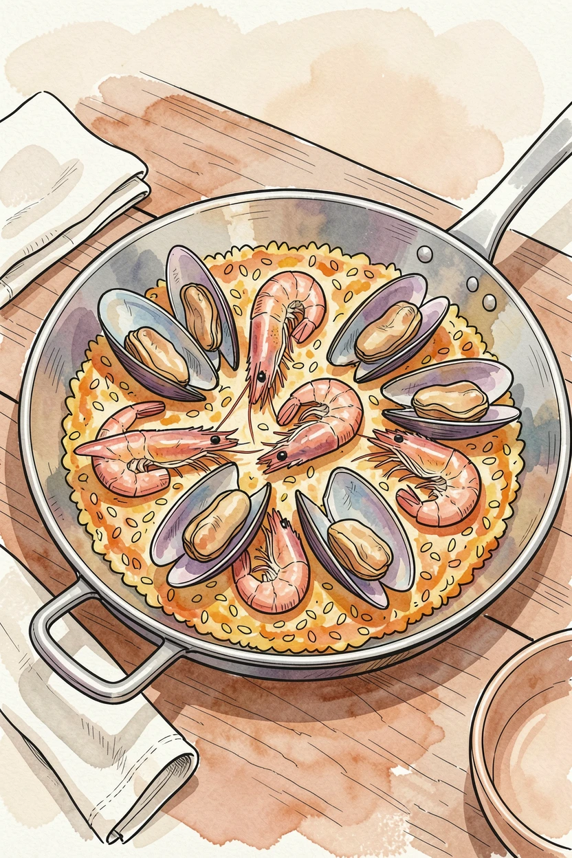 A rustic paella pan sizzling with saffron rice, shrimp, and mussels, a cozy, homemade atmosphere filling the scene.