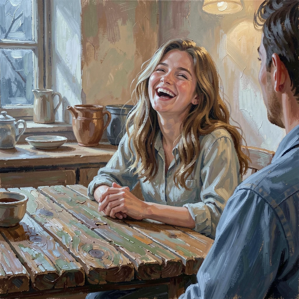 A young woman laughing joyfully with her head tilted back, beside a rustic wooden table in a farmhouse kitchen, an easy, warm conversation with a companion, under the gentle light of a full moon.