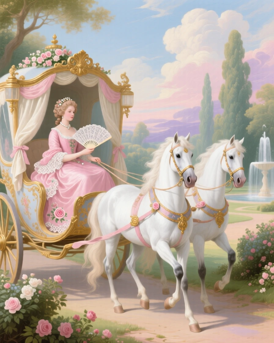 A princess riding in a carriage drawn by two white horses  