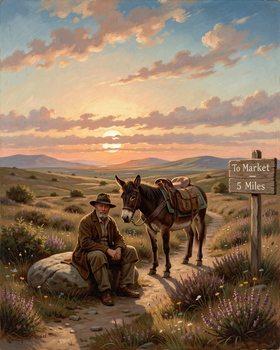 A merchant and his mule rests near an open heath stretching to the horizon as the sun begins to set.