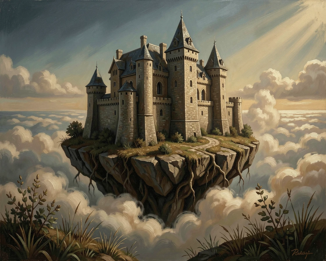 A towering castle perched on a floating island above the clouds, with dramatic, cinematic lighting enhancing the sense of wonder, creating a scene that feels both magical and entirely believable