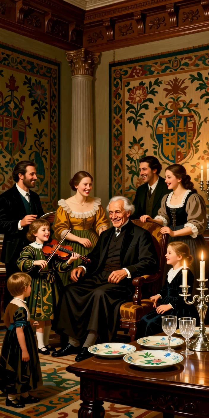 An elderly patriarch surrounded by three generations of his family as laughter and music fill the air, set in a richly furnished drawing room with tapestried walls, with fine china, crystal goblets, and candelabras adorning the table; rich architectural framing lends grandeur without crowding the figures, capturing the warmth of family bound by legacy.