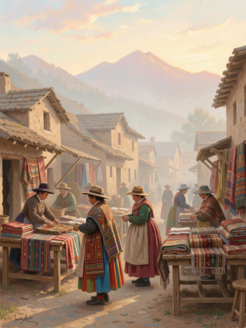 A quiet Andean village market where women in traditional dress sell handwoven textiles, as the first light of dawn breaks.