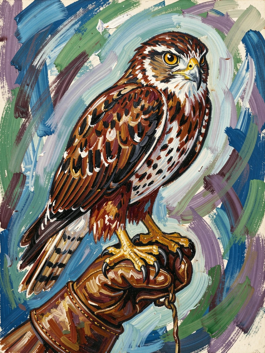 A wild falcon perched on a gloved hand, eyes sharp and alert.