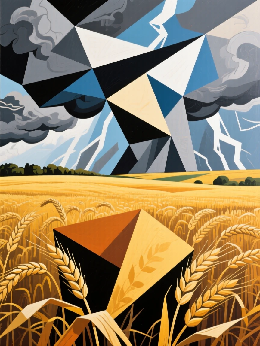 A dramatic atmospheric view of a golden wheat field swept by rolling storm clouds.