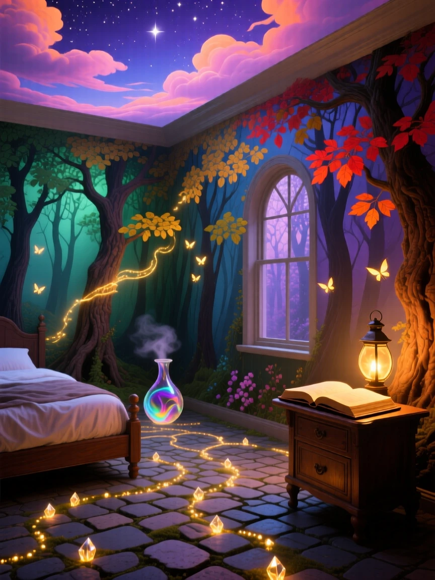 A bedroom whose wallpaper shifts slowly like a living forest glows warmly beneath a soft evening sky, as lantern light spills softly onto quiet cobblestone paths.