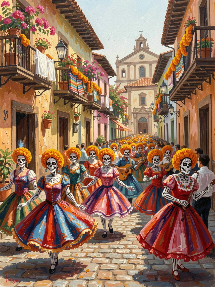 A vibrant street parade winds through a colonial town in Mexico during Day of the Dead, dancers in skeleton makeup and marigold garlands filling the road, small everyday details, like drying laundry or potted plants, giving the scene a lived-in warmth.