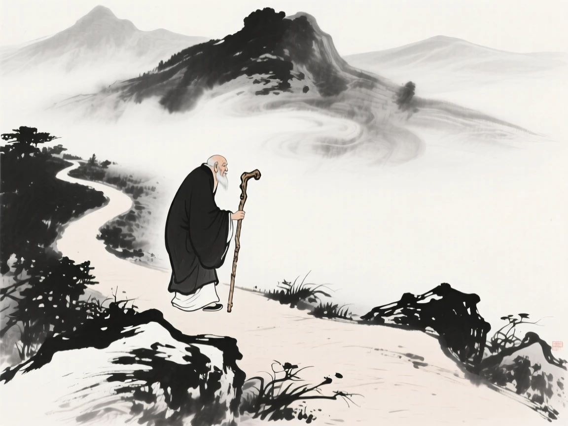 An old sage walks slowly along a winding path with a wooden staff, with distant peaks rising through the morning mist.