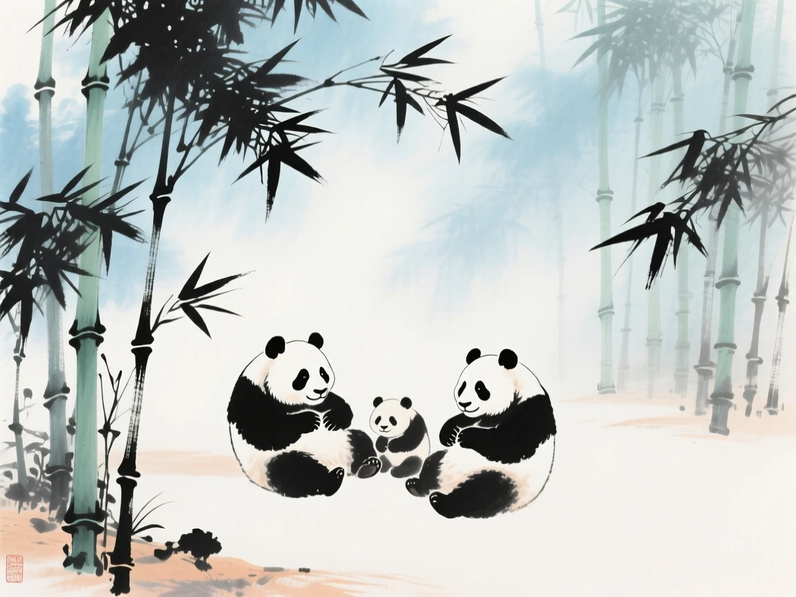 A bamboo grove home to a family of pandas at rest, through a light drifting mist.