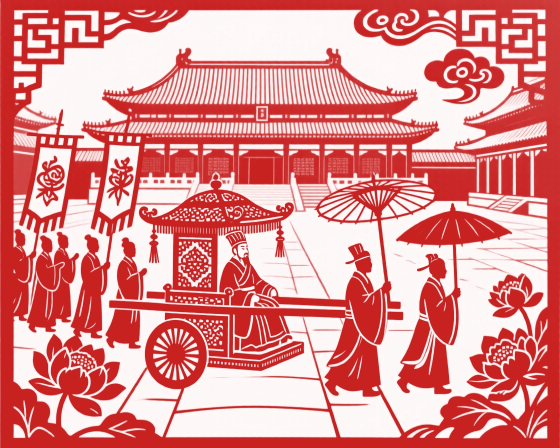 An emperor's procession passing through a grand palace courtyard, banners and parasols held high above the retinue