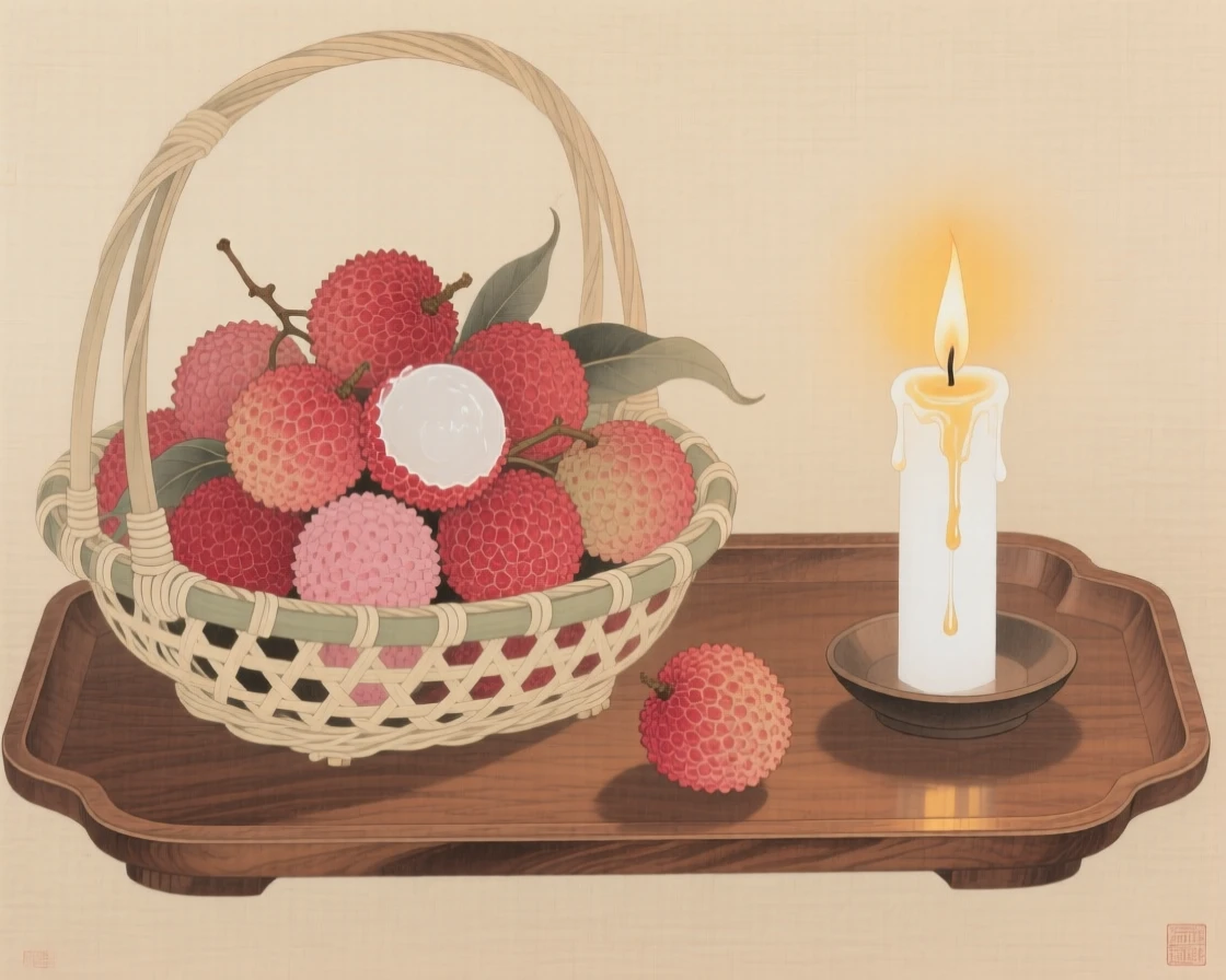 A basket of freshly picked lychees on a wooden tray beside a lit candle
