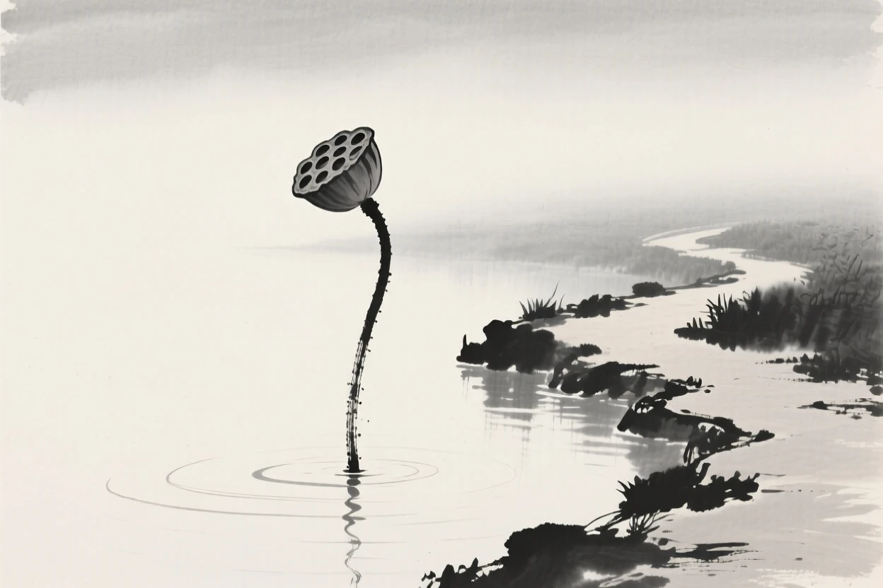 A solitary lotus pod rising above still water beside a quiet garden path, set against a soft gradient of misty background, evoking quiet elegance and simple grace.