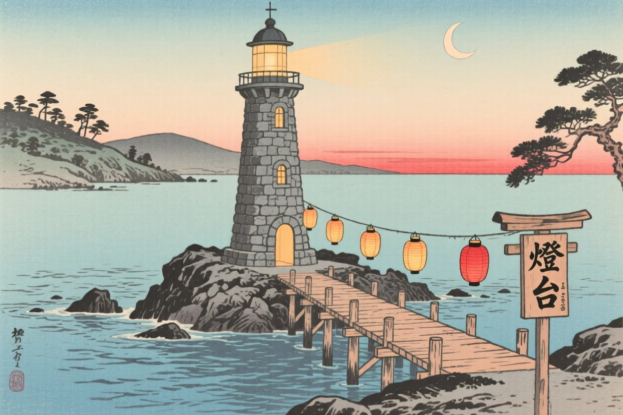A stone coastal lighthouse lit with lanterns along wooden piers.