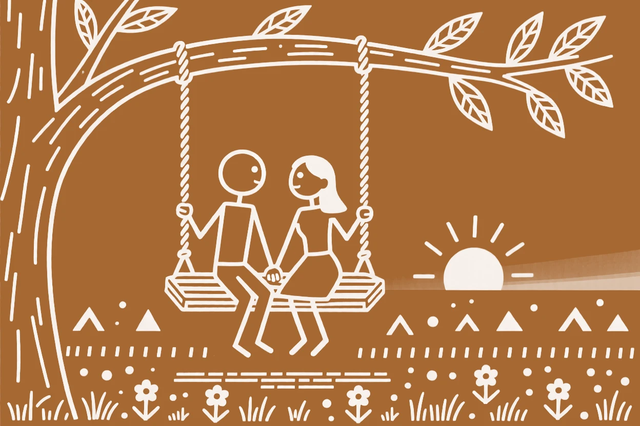 A young couple sitting together on a swing at dusk.