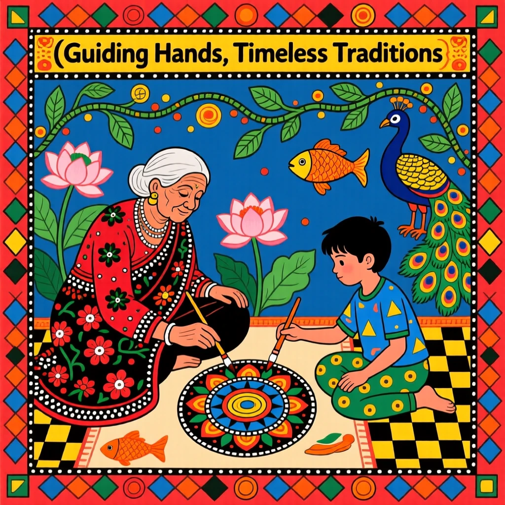 A young apprentice learning to paint traditional patterns from an elder.