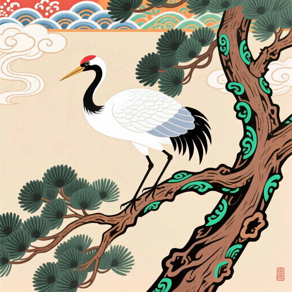A powerful depiction of a snow-white crane perched atop an ancient pine.