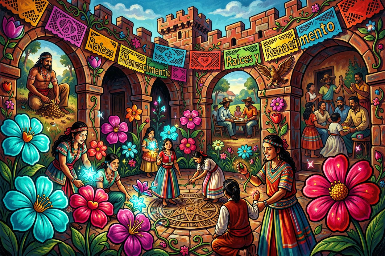 A castle courtyard filled with blooming magical flowers