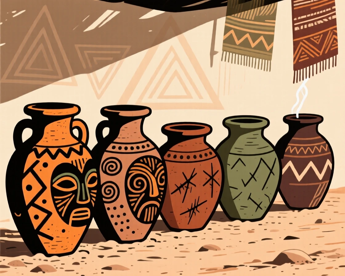 A row of clay water jugs cooling in the shade.