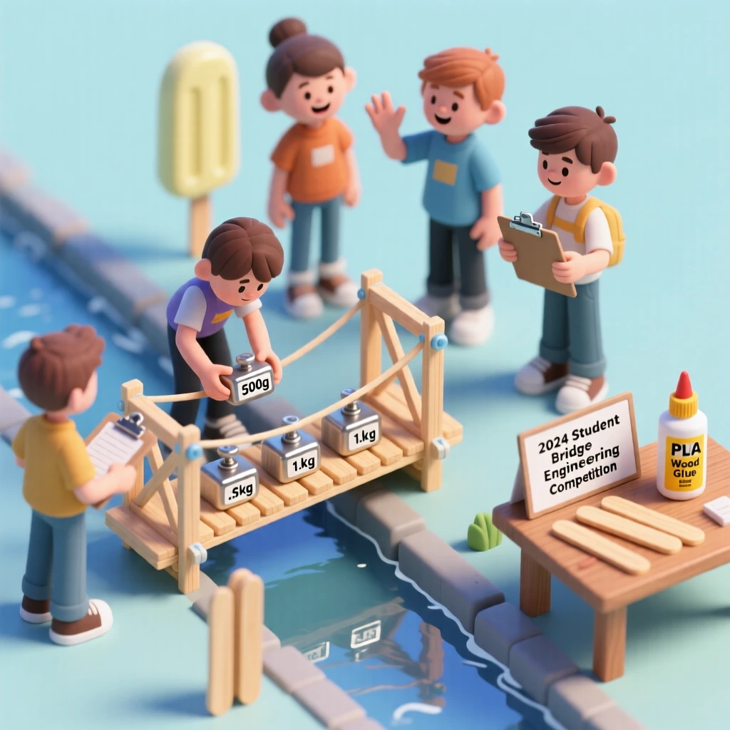 A model bridge engineering competition with popsicle sticks and glue, students testing weight limits with small weights.