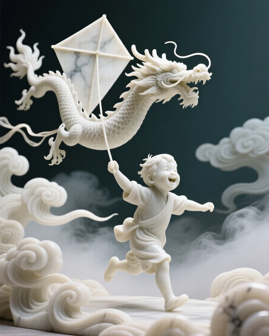 A vivid, emotionally rich scene of a child flying a kite shaped like a dragon, amid swirling clouds and mist, designed to captivate and inspire
