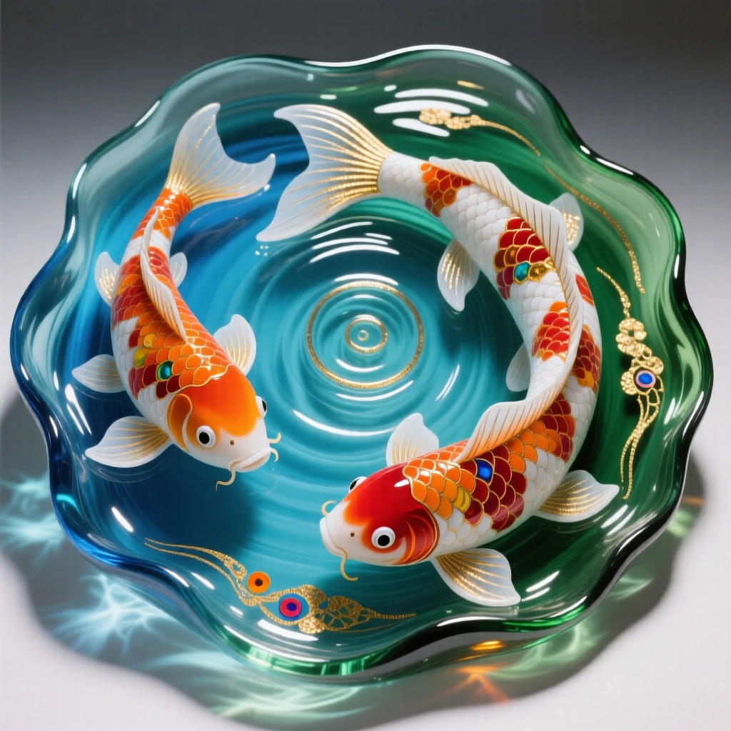 A koi pond shaped like a spiral with fish swimming in perfect harmony, tranquil and mesmerizing.