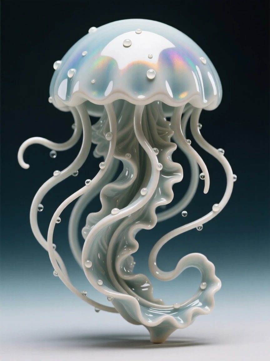 A jellyfish drifting with trailing tendrils gliding in a slow, elegant spiral, dotted with tiny, glimmering droplets, evoking the vast serenity of the ocean.