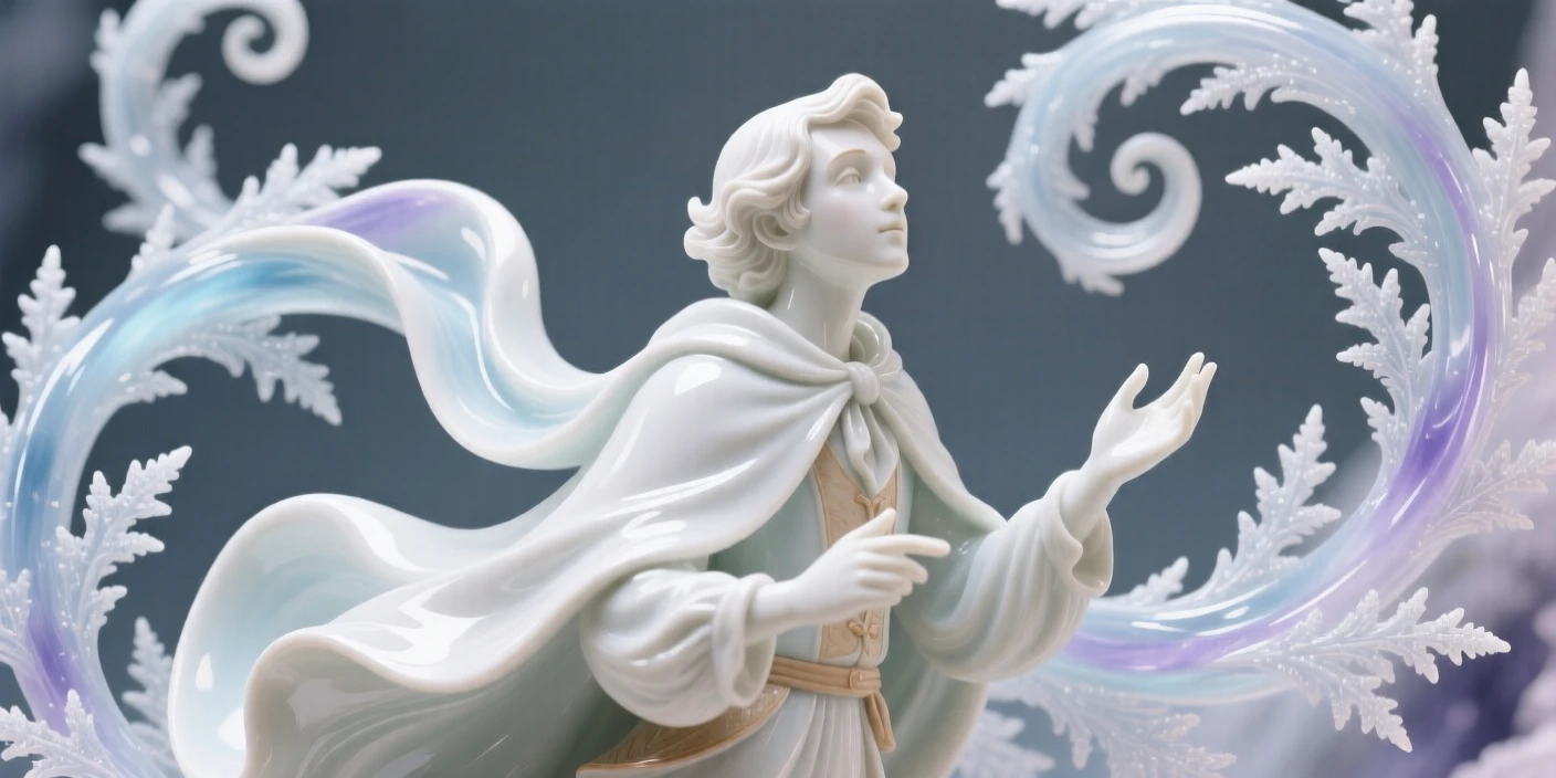 A storybook depiction of the Pied Piper commanding swirling patterns of frost, rendered with warm, nostalgic charm.