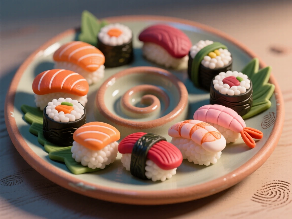 A colorful sushi platter arranged in an elegant spiral pattern