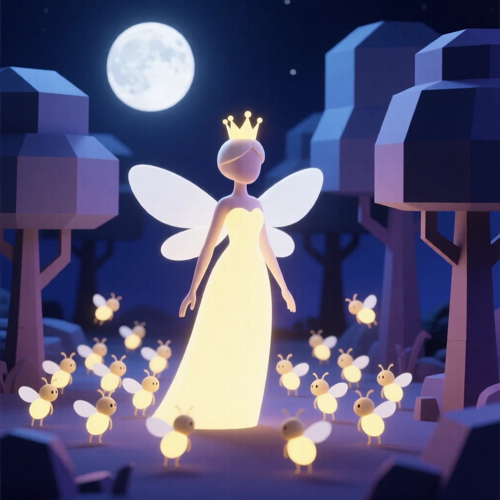 A radiant firefly queen leads a swarm of glowing companions through a moonlit enchanted forest.