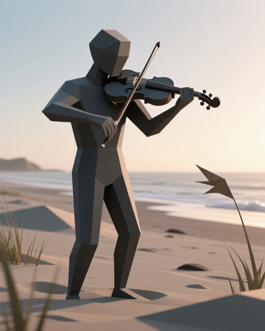 A musician lost in the moment playing violin, on a windswept beach at dawn. soft backlighting creates a warm, glowing silhouette. There is a quiet sense of determination.