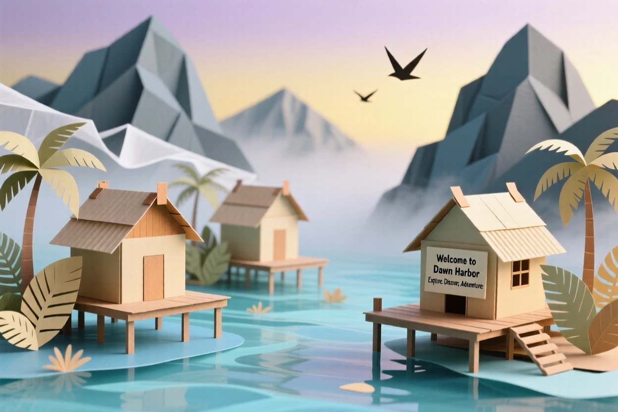 A tropical stilt village over clear water quiet and misty at early dawn, with mountains rising dramatically in the background, capturing a sense of discovery and adventure.