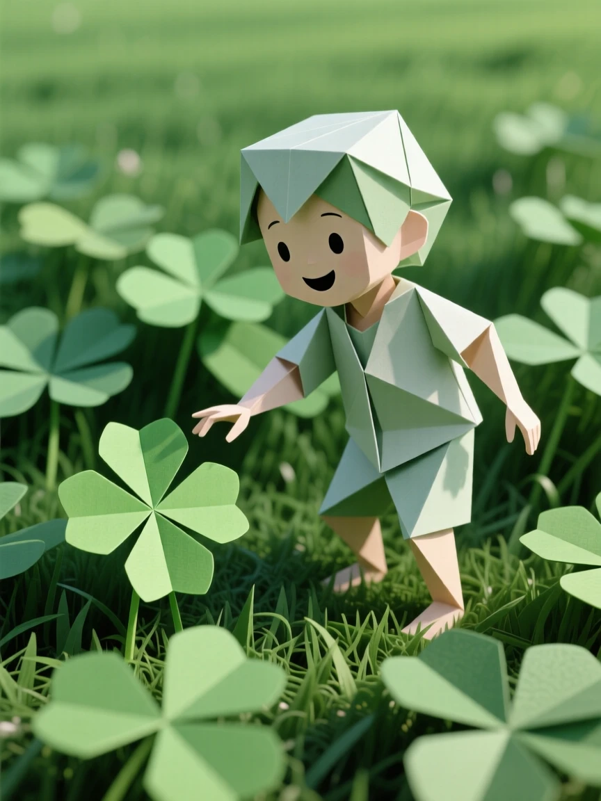 A child's excitement at finding a four-leaf clover in a field of green.