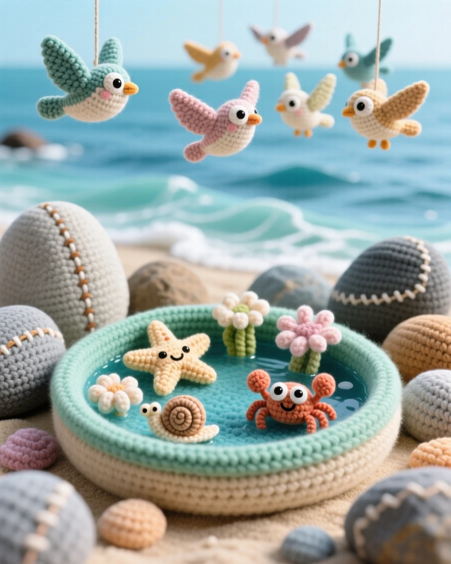 A tranquil view of a small tide pool, teeming with tiny sea creatures, nestled among smooth coastal rocks, beside a peaceful stretch of open water, with a small flock of birds passing overhead, evoking quiet wonder at the wild world.