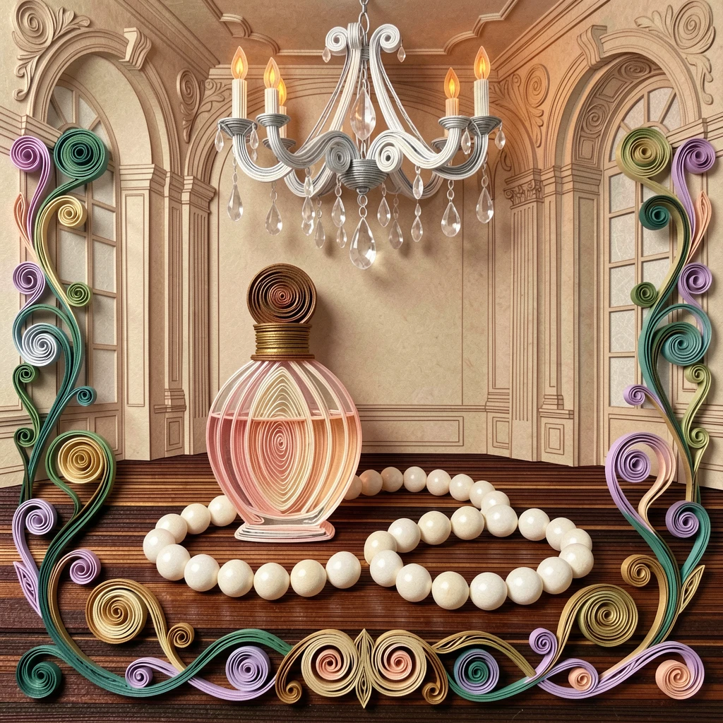 a perfume bottle beside a strand of pearls, in a grand ballroom lit by chandeliers, arranged with elegant symmetry and balance, with soft candlelight reflecting off polished surfaces.