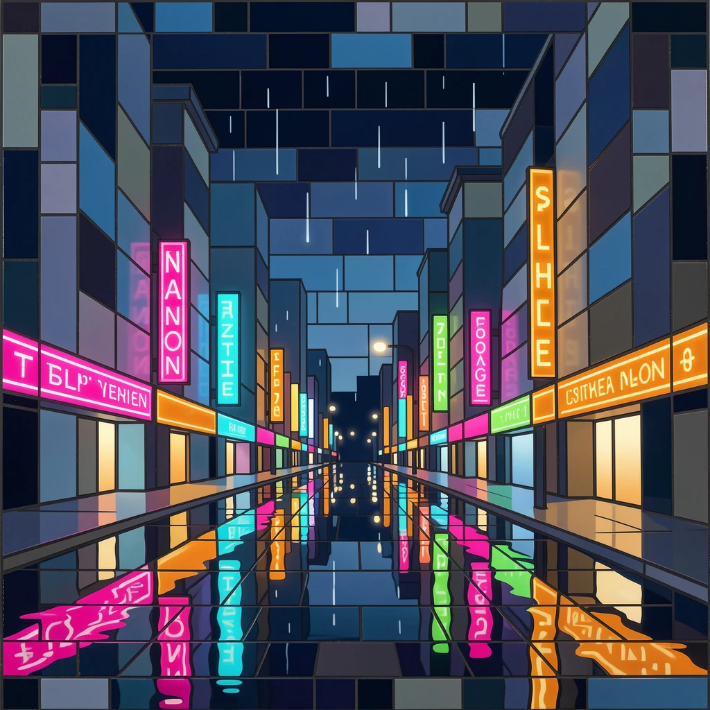 A rainy city street reflecting colorful neon lights at night.