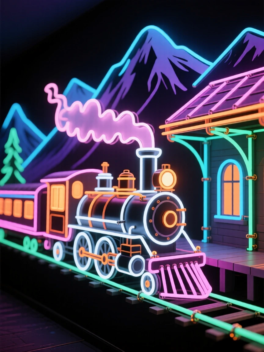 A vintage steam locomotive pulling into a small mountain station.