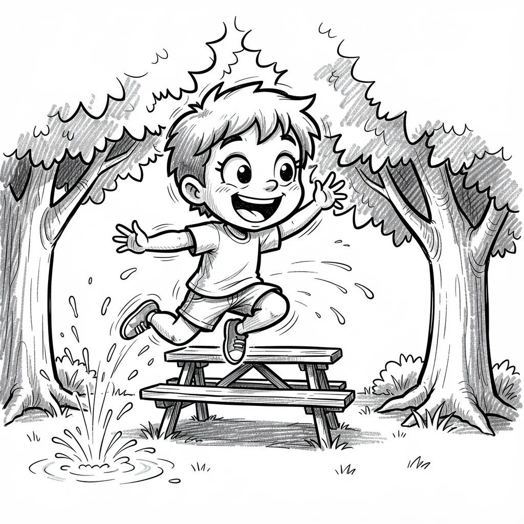 A child jumping through a sprinkler on a hot day at a picnic table under shady trees.