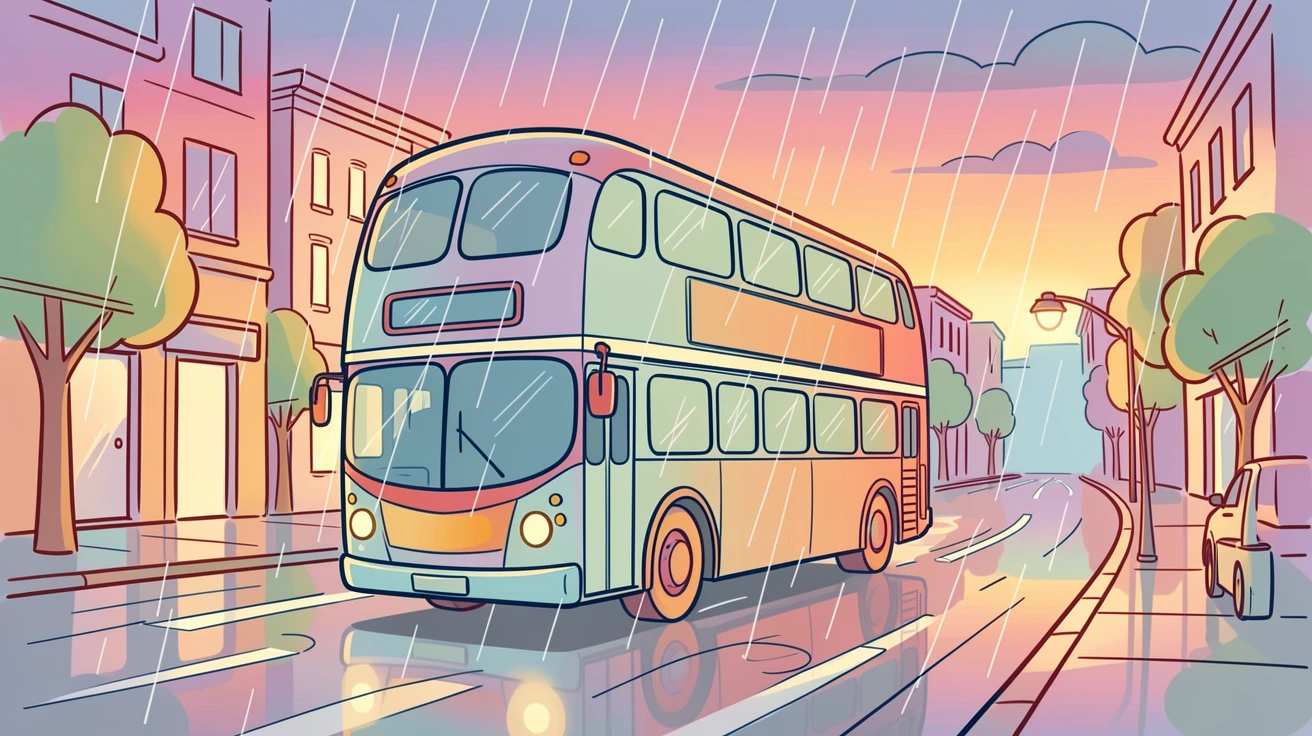 A double-decker bus driving through a rain-soaked city street at dusk.