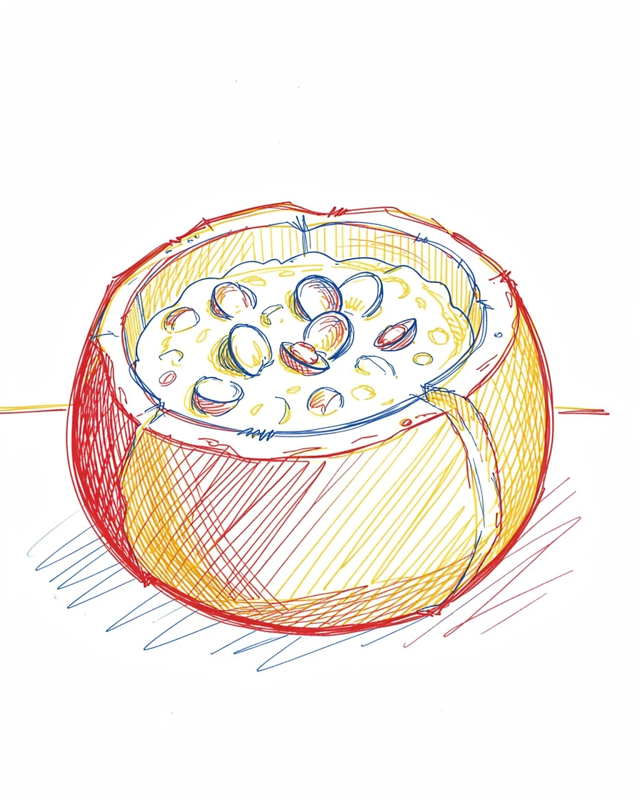 A bowl of fresh clam chowder served in a hollowed sourdough bread bowl