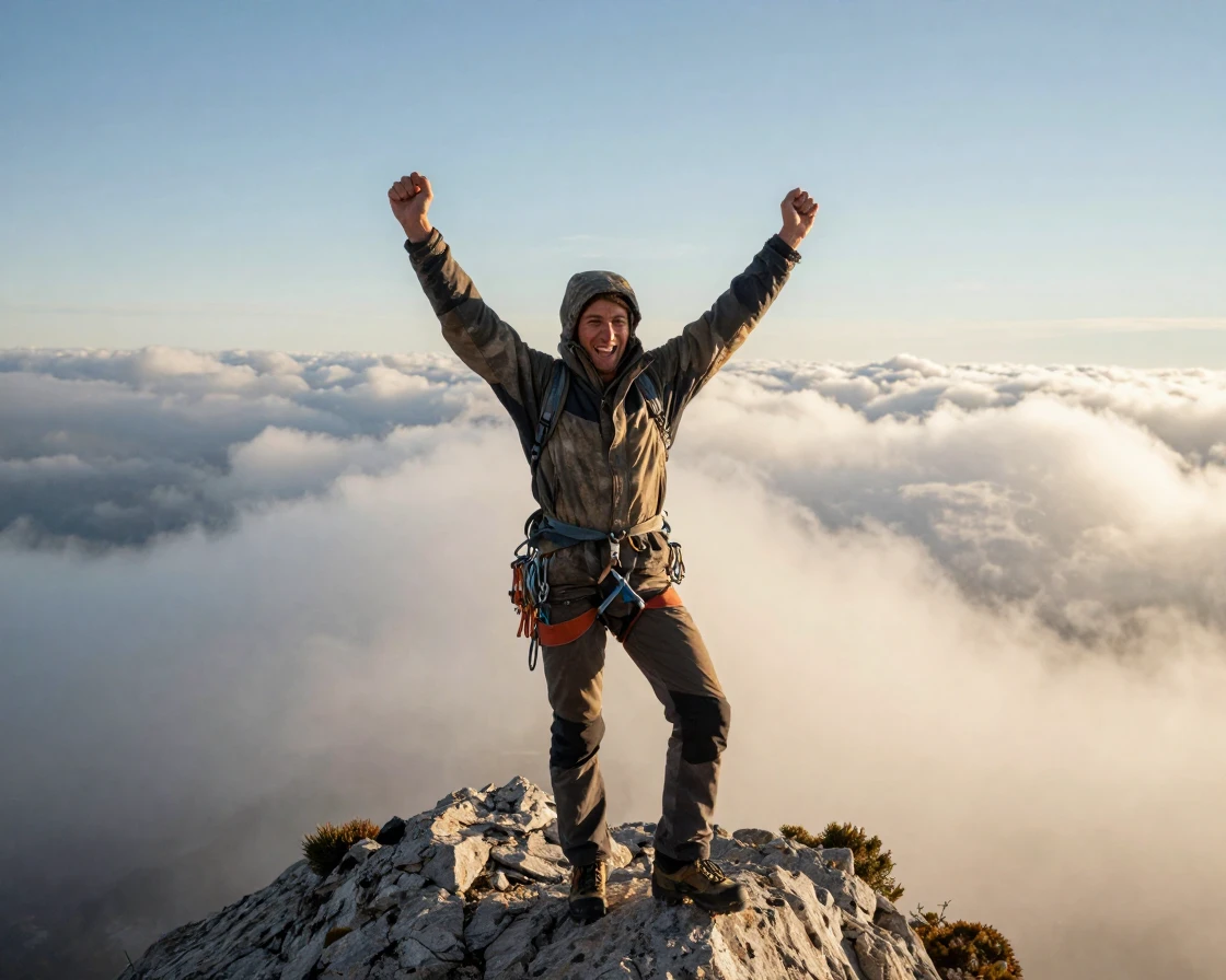 A climber celebrates at the summit with arms raised against a sea of clouds.